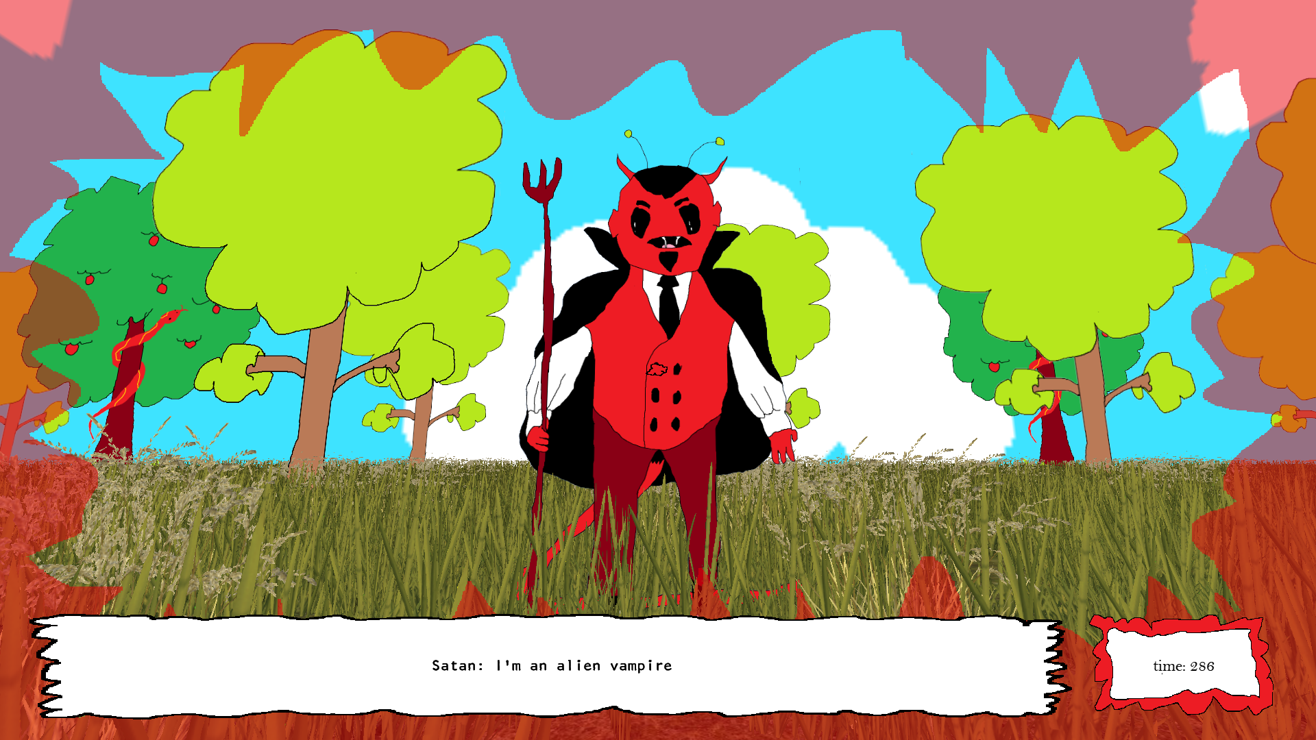 satan standing in a field saying I'm an Alien Vampire